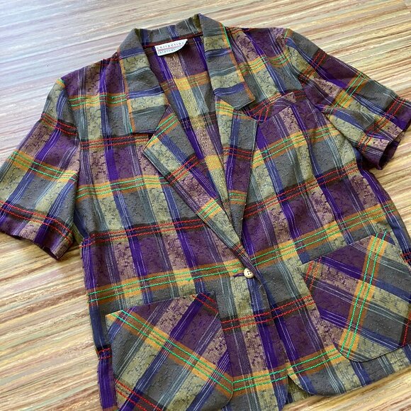 Purple Plaid Short Sleeve Blazer Jacket Vintage Collections Internationale 90s - Picture 3 of 7
